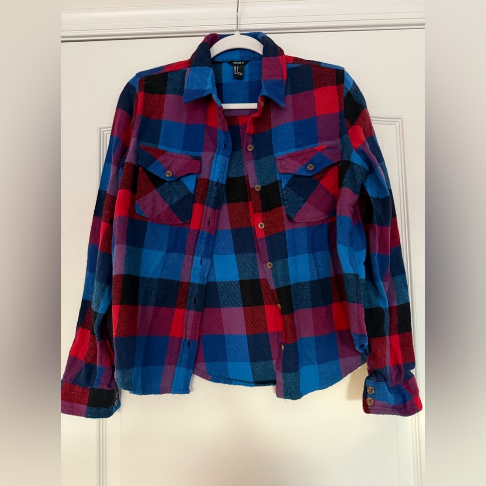 Forever 21 - Red, Blue and Black Plaid Flannel Button Down Shirt - Size Small